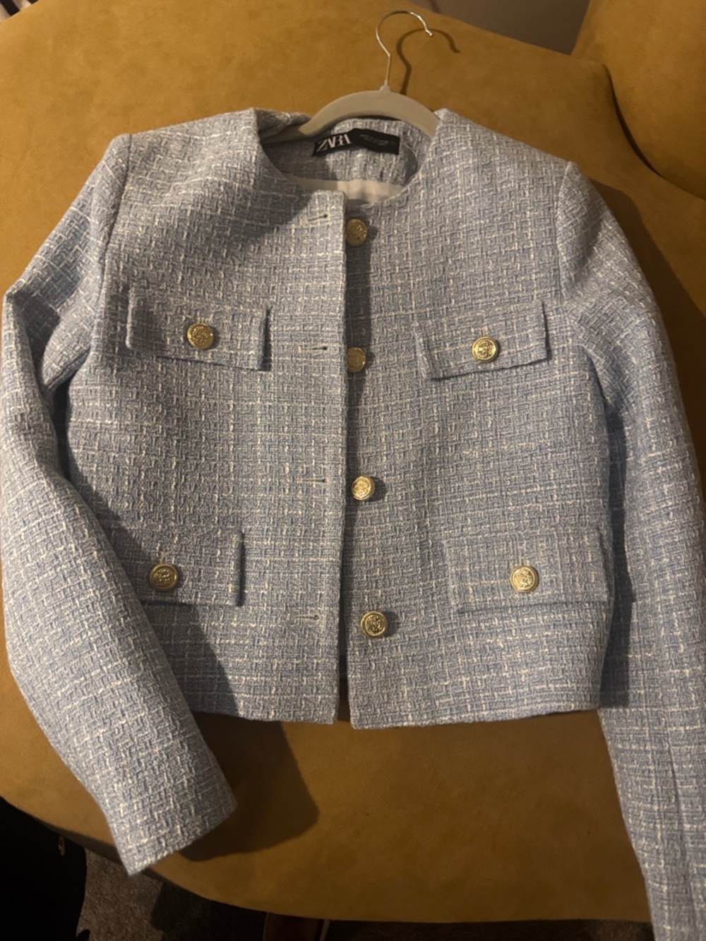 Zara Powder Blue Tweed Boxy Jacket with Gold Buttons